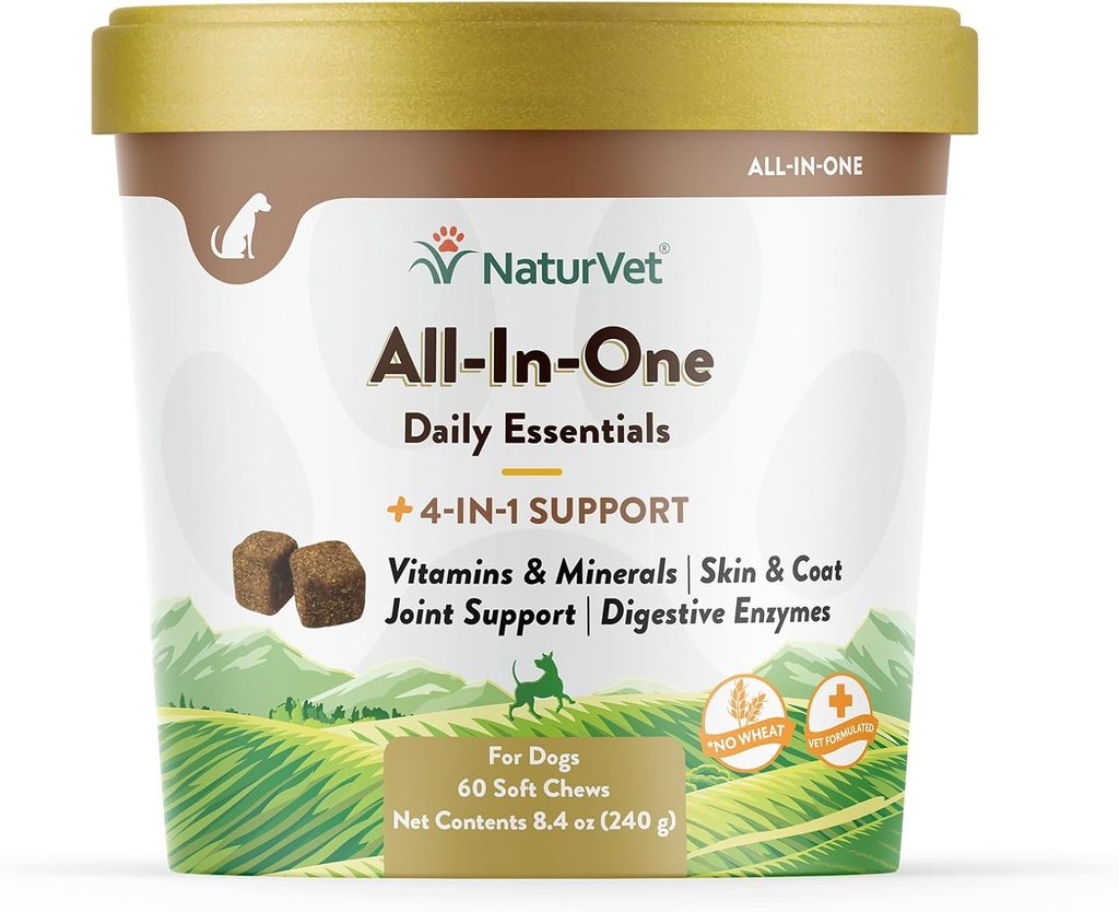 NaturVet All-in-One Dog Supplement - 공동 지원, Digestion, 피부, 코트 케어 - 광물, 오메가-3, 6, 9 - 개를위한 무료 비타민 - 60 소프트 체스