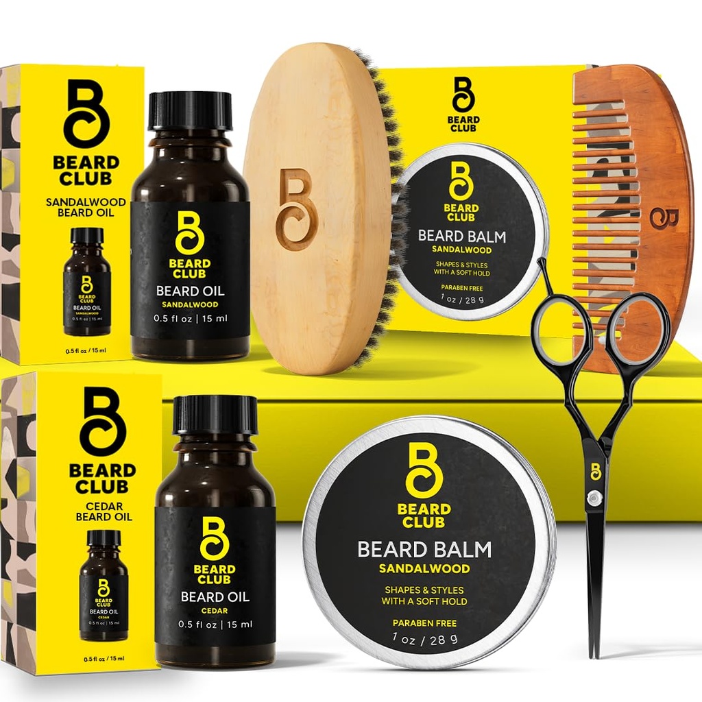 남자를위한 Beard 클럽 Beard 키트 - Grooming & Care Kit - Cedar & Sandalwood Oil, Sandalwood Balm, Boar Bristle Brush, Comb, Trimming Scissors - 아빠 선물 세트