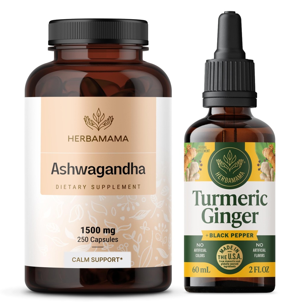 HERBAMAMA Ashwagandha 및 Turmeric Ginger 키트 - 1500 mg Ashwagandha 뿌리 캡슐 및 Turmeric Ginger Tincture 2 fl oz의 번들 - Vegan, Non-GMO, Sugar & Alcohol-Free - 2 팩