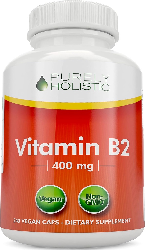 Purely Holistic Vitamin B2 Riboflavin 400mg - 240 Vegan 캡슐, 8 개월 공급 - 고강도 B2 비타민 - 비 GMO & 글루텐 무료 - 에너지 생산 및 세포 건강 지원