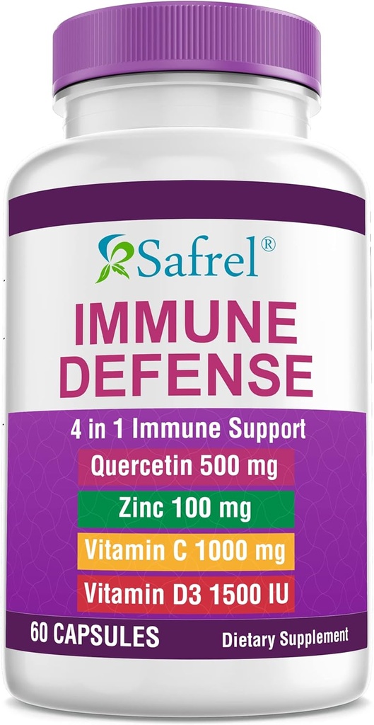 Safrel 강한 면역성 지원, Quercetin 500 mg, 아연 Picolinate100 mg, VitamatiC 1000 mg, 비타민 D3 1000 IU, 60 캡슐, 1 개월 공급 | 미국에서 만든