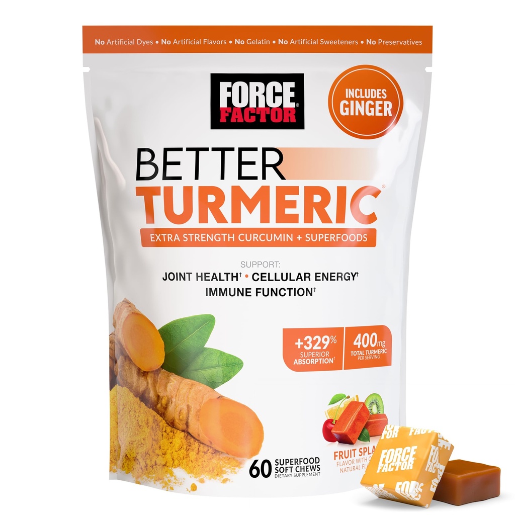 FORCE FACTOR는 까만 고추 & Ginger, 여분 힘 합동 지원, 우량한 흡수를 가진 심황 보충교재 400mg를, 과일 비말, 60 심황 Chews 좋아합니다 좋아합니다