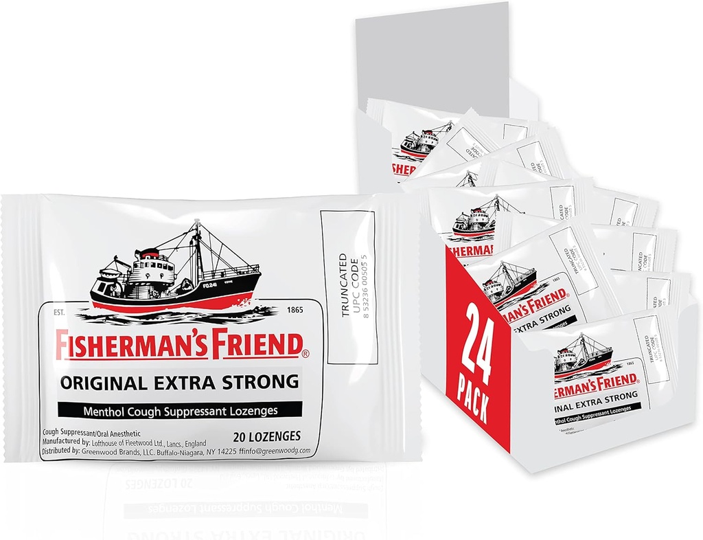 Fisherman's Friend Cough Drops, Cough Suppressant 및 Sore Throat Lozenges, Original Extra Strong, 10mg Menthol, 480 Drops (20 팩)