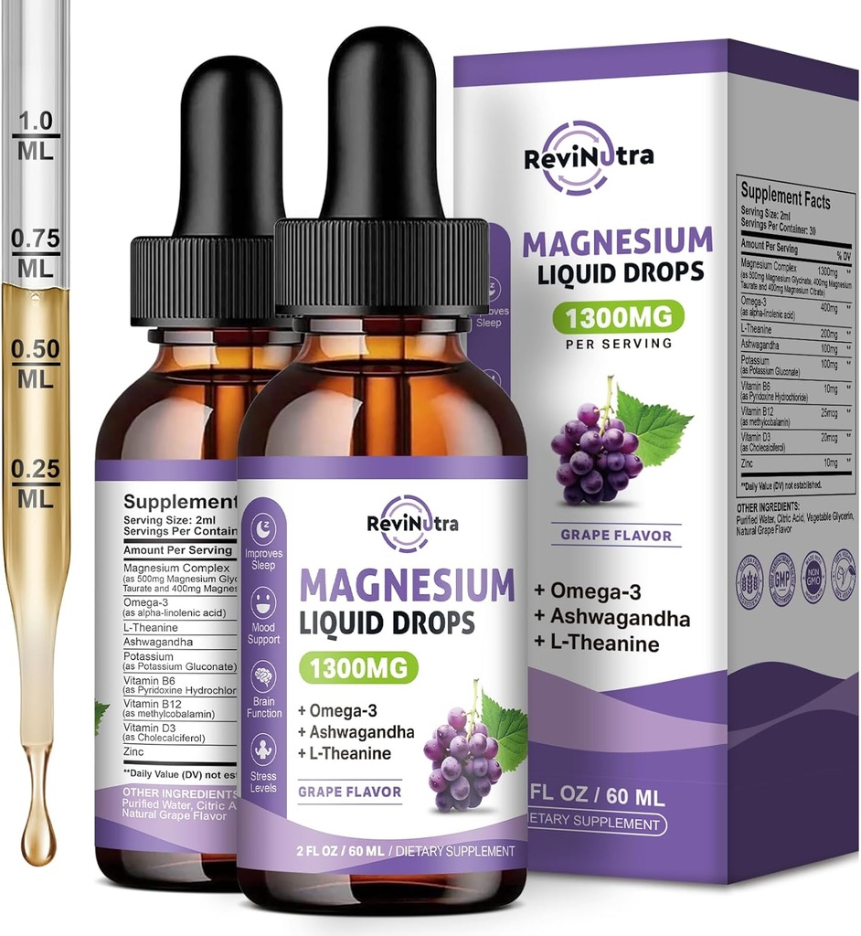 2 팩 마그네슘 액체 강하, Calm 마그네슘 글리세라이드와 액체 강하, 칼륨, Omega3, L-Theanine, Ashwagandha, D3, B6, B12 수면, 근육, 심장, 설탕 자유로운 포도 풍미