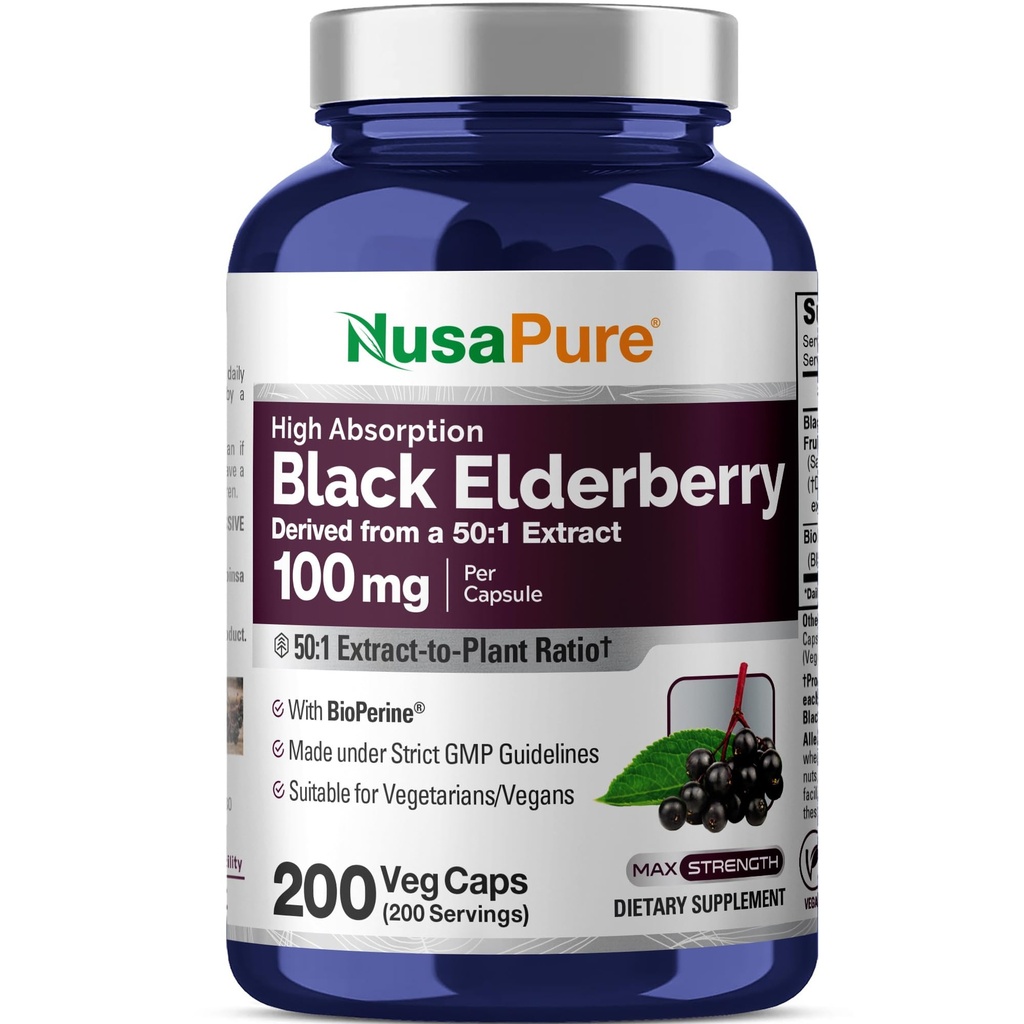 NusaPure 검정 Elderberry 50:1 추출물, Veggie 캡슐 당 5,000mg에 동등한 100 mg, 200 조사 (비 GMO, Bioperine) Sambucus 보충교재