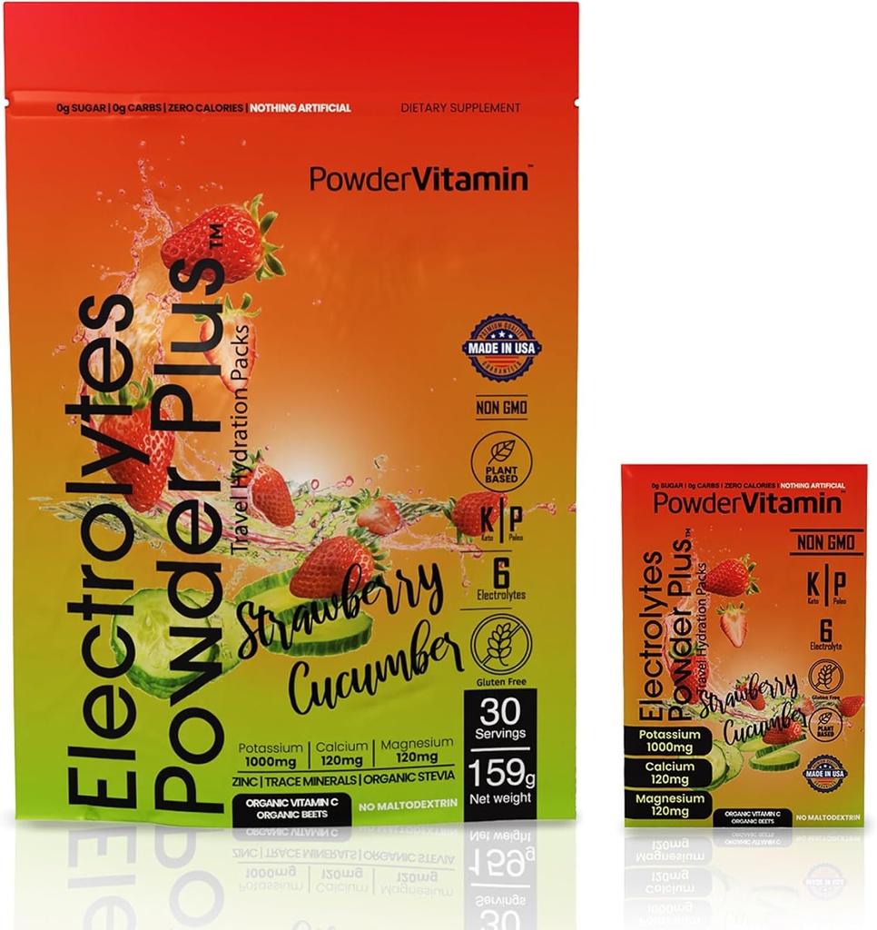 PowerVitamin Electrolytes 분말 패킷 - Strawberry Cucumber - 매일 에너지 용 Keto Electrolytes - 1000mg 칼륨, 120mg 마그네슘, Zero Calories와 하이드로 션 파우더 - 30 Hydration Packets