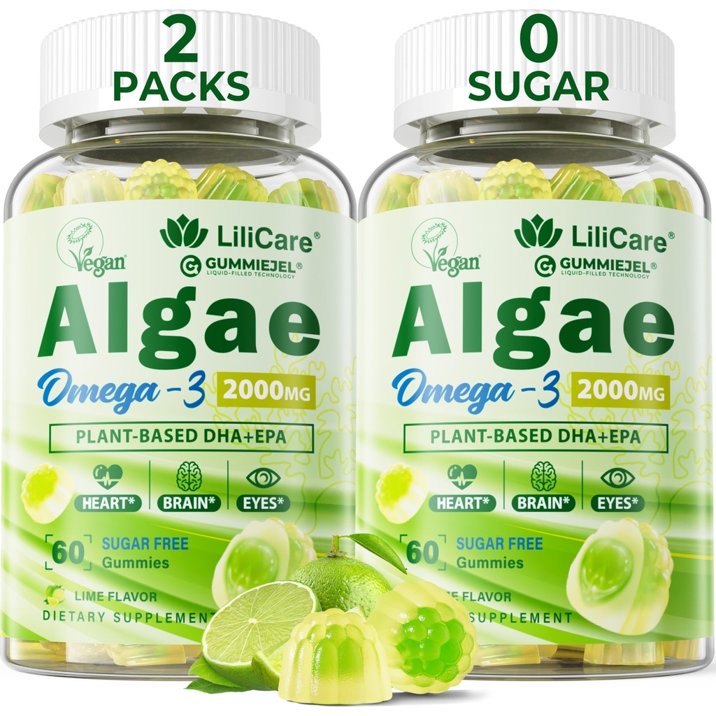 오메가 3 여자 & 남자를 위한 조류 기름 (DHA 640mg & EPA 290mg)에서 Gummies 2200mg, Vegan 오메가 3 물고기 기름 대안, w/CoQ10, Astaxanthin, 비타민 A, E, 두뇌를 위한 D3, 눈, 산화 방지제, 수가 자유로운 2Packs