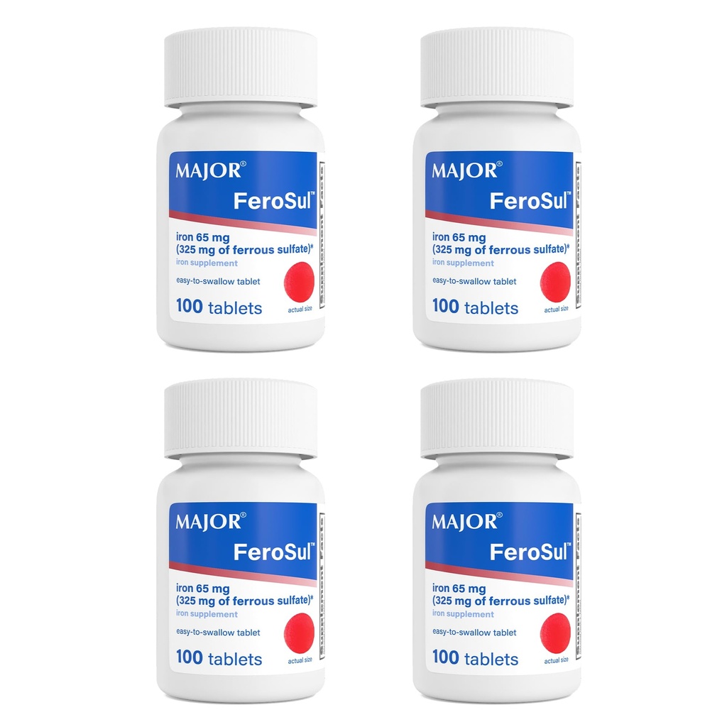 주요 FeroSul - 철 황산염 325 mg 정제 - 여성과 남성을위한 철 보충 - 특별히 코팅 된 쉬운 토 얕은 정제 - 빨강 - 100 개 (4 팩)