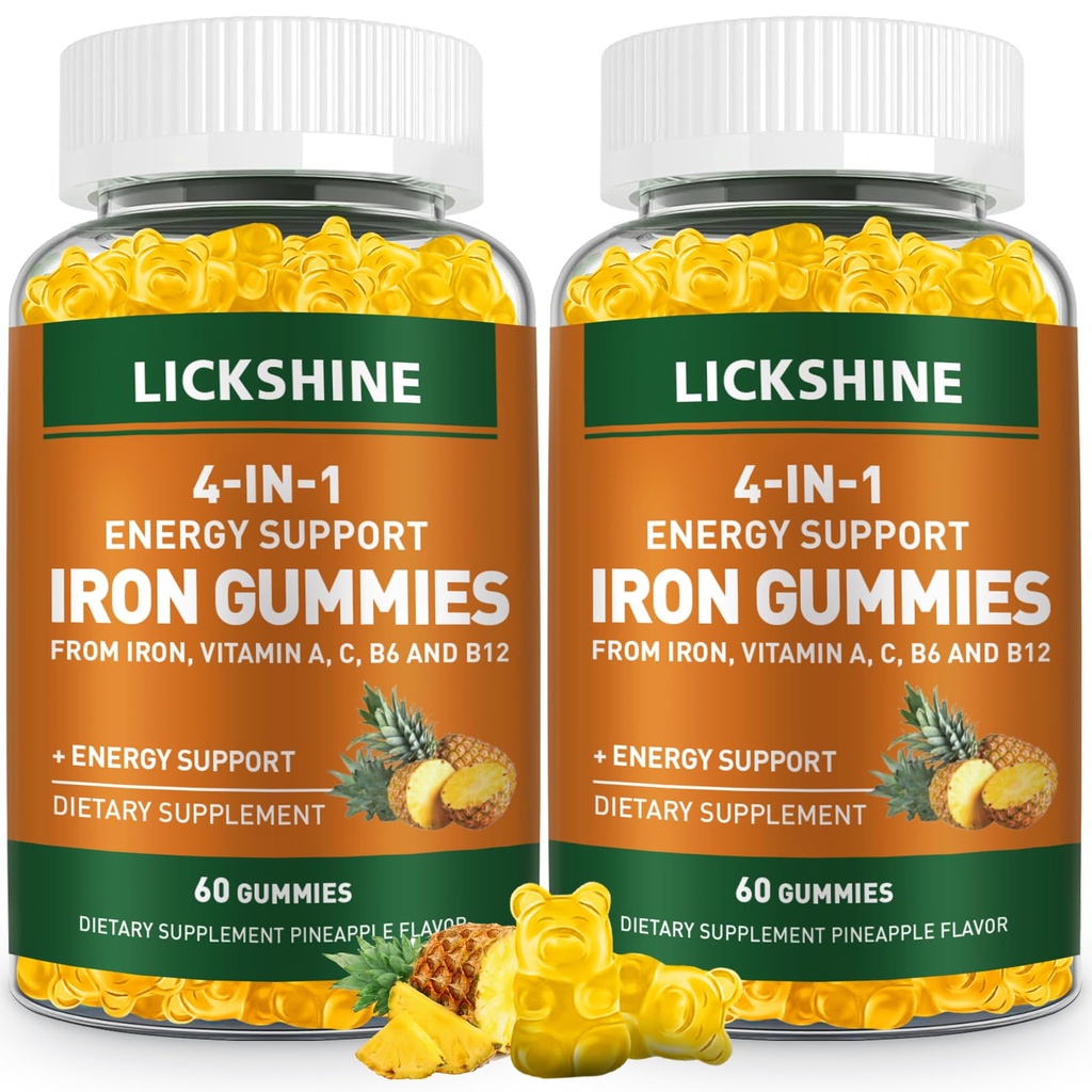 2 팩 Vegan 100MG Iron Supplement Gummies for Women & Men - 비타민 C, A, B 성인 및 어린이 - Iron Deficiency, Anemia - 파인애플 맛 (120 Ct) 에너지 지원