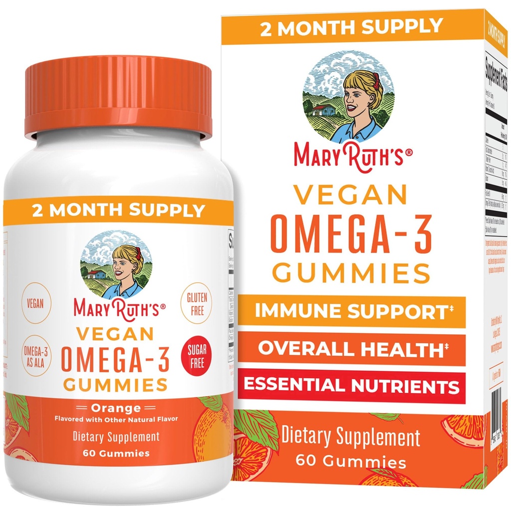 MaryRuth Organics Vegan Omega 3 Gummies for Adults | 2 개월 공급 | 비타민 C가있는 설탕 무료 보충 | Flaxseed Oil Immune Support | 전체 웰빙 | 물고기 맛 | 60 개