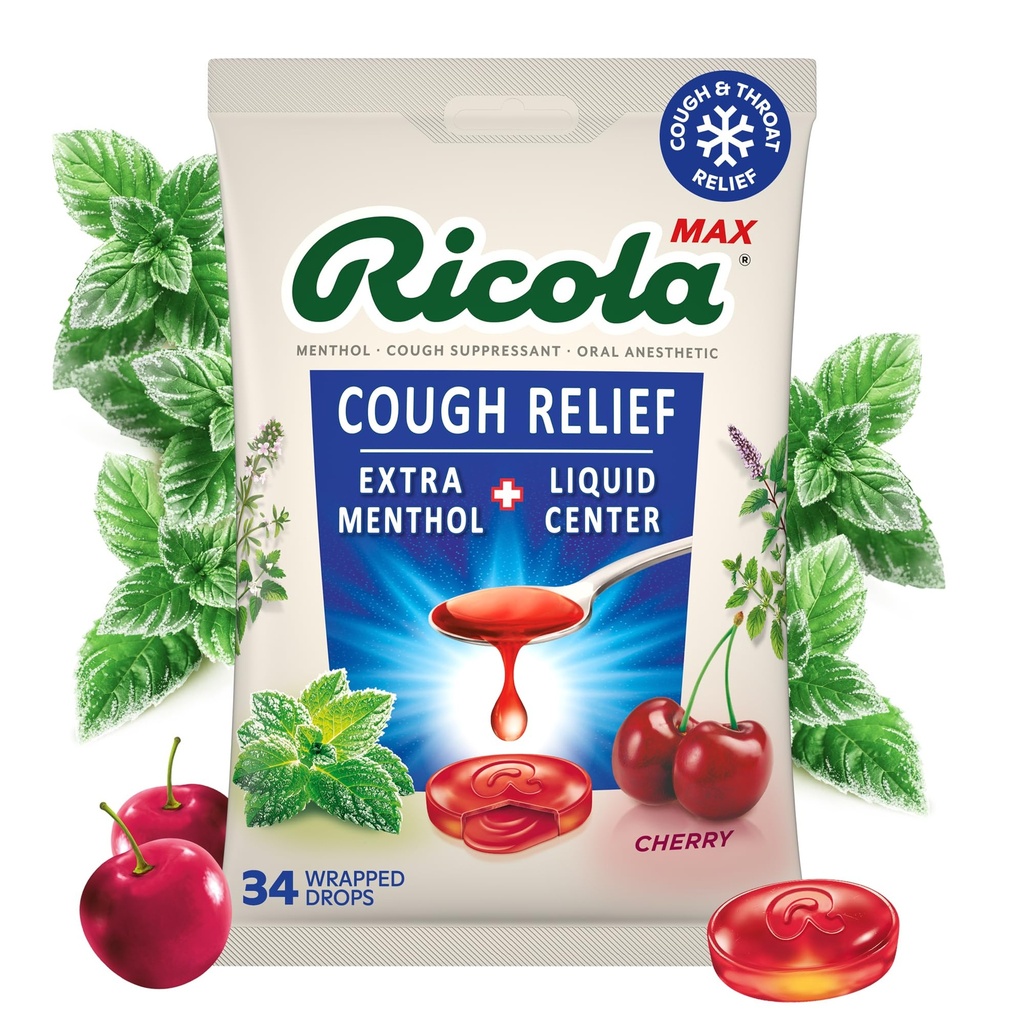 Ricola Max Swiss Cherry Throat Care Large Bag | Cough Suppressant Drop | Dual Action Liquid Center | Soothing Long-Lasting Relief - 34 개 (팩 1)