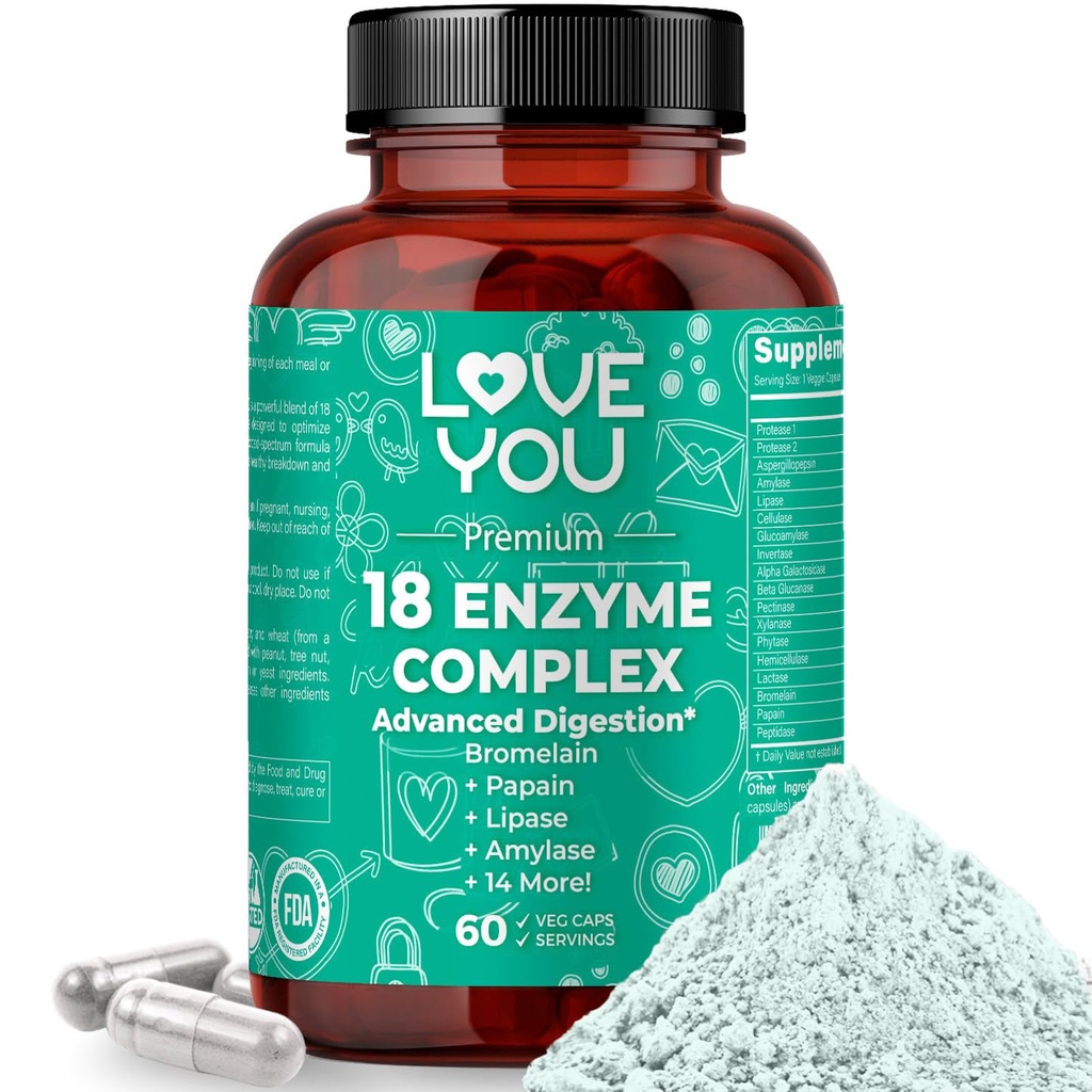 Love You 18 Enzyme Complex – 여성 및 남성용 식물 기반 소화 효소 | Nutrient Absorption & Digestive Comfort | 60 Vegan 캡슐