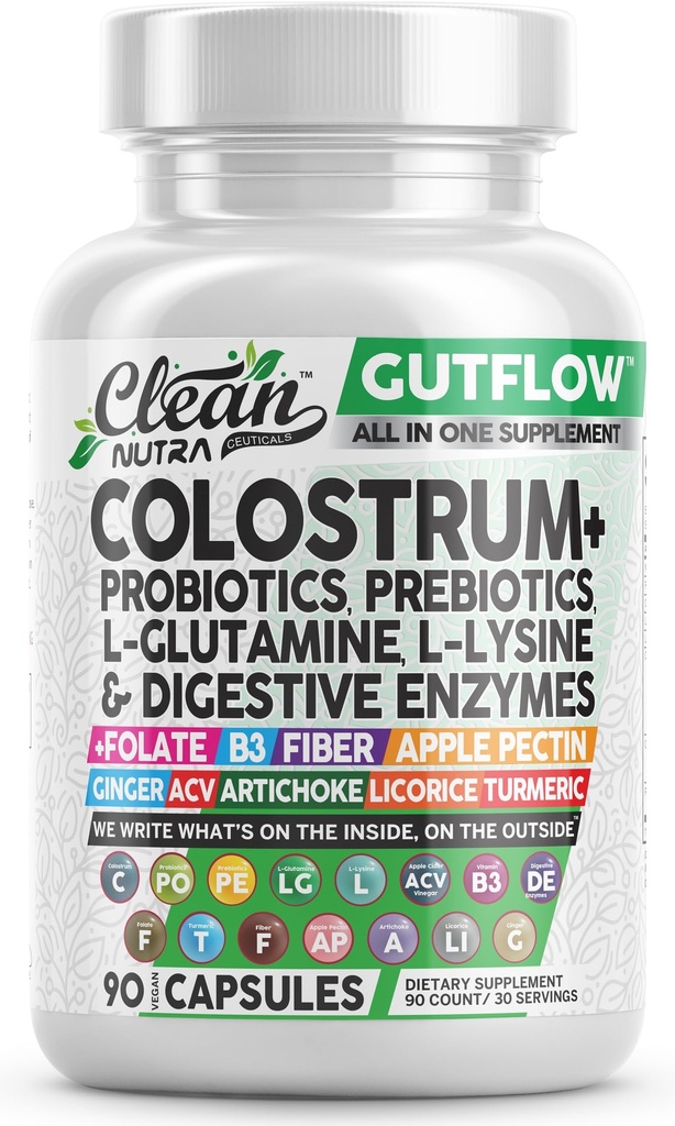 청결한 Nutraceuticals Colostrum 보충교재 캡슐 Probiotics 알약 Prebiotics, L 글루타민, 소화 효소, Folate, 섬유, ACV, 심황, 사과 Pectin 및 심황 알약