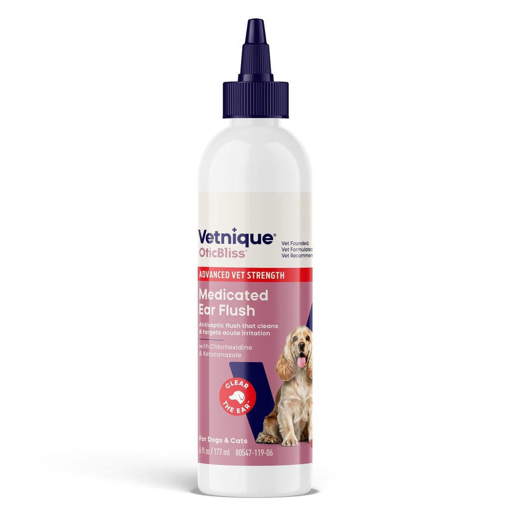 Vetnique Oticbliss 진보된 힘 Medicated 개 귀 감염 처리, 고양이 & 개 귀 청소 해결책을 위한 항균 귀 세탁기술자 Chlorhexidine & Ketoconazole (6oz 홍조)