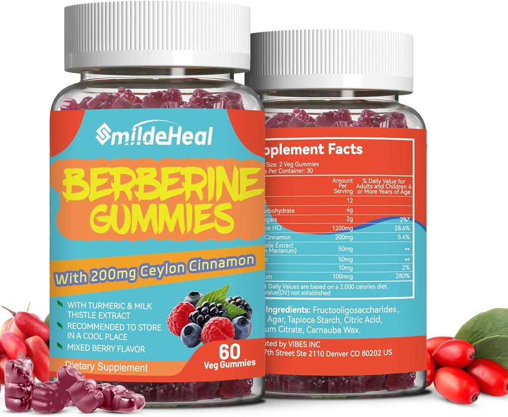 2 팩 Berberine Gummies Ceylon Cinnamon 200mg, 우유 이틀 추출물 & 심황, Vegan Berry 풍미, 비 GMO, 젤라틴 자유로운, 글루텐 자유로운, 120 조사를 가진 1200mg