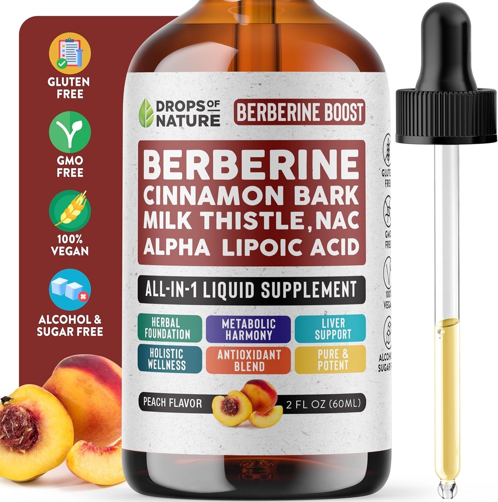 Berberine 보충교재, 우유 이틀, Ceylon Cinnamon, 알파 Lipoic 산, NAC 보충교재 액체 하락 - 채식주의자, 캡슐 보다는 4X 흡수 - 간활한 지원을 위한 Berberine & Holistic Wellness (Peach, 60mL)