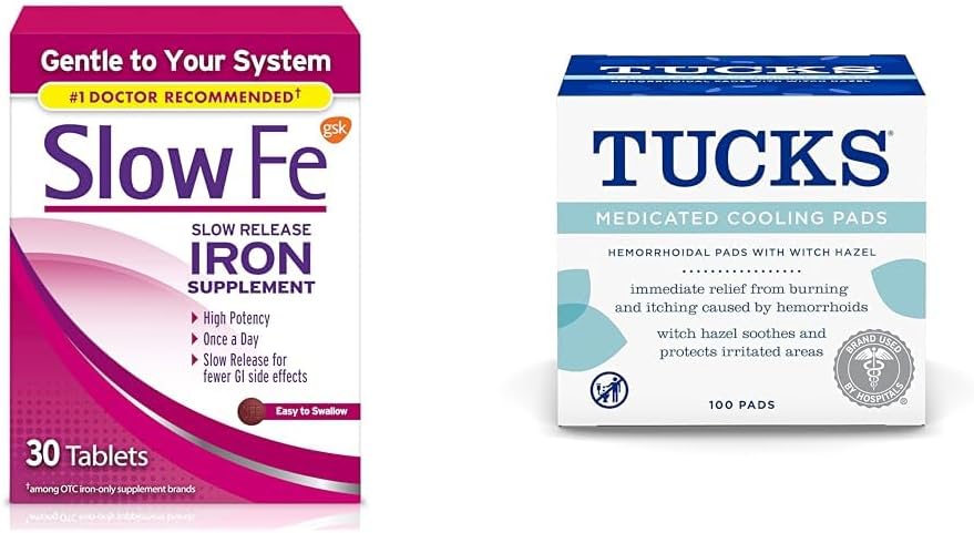 느린 Fe 45mg 철 보충교재 철 결핍 정제 & Hemorrhoids를 위한 Tucks Medicated 냉각 패드, 100 조사