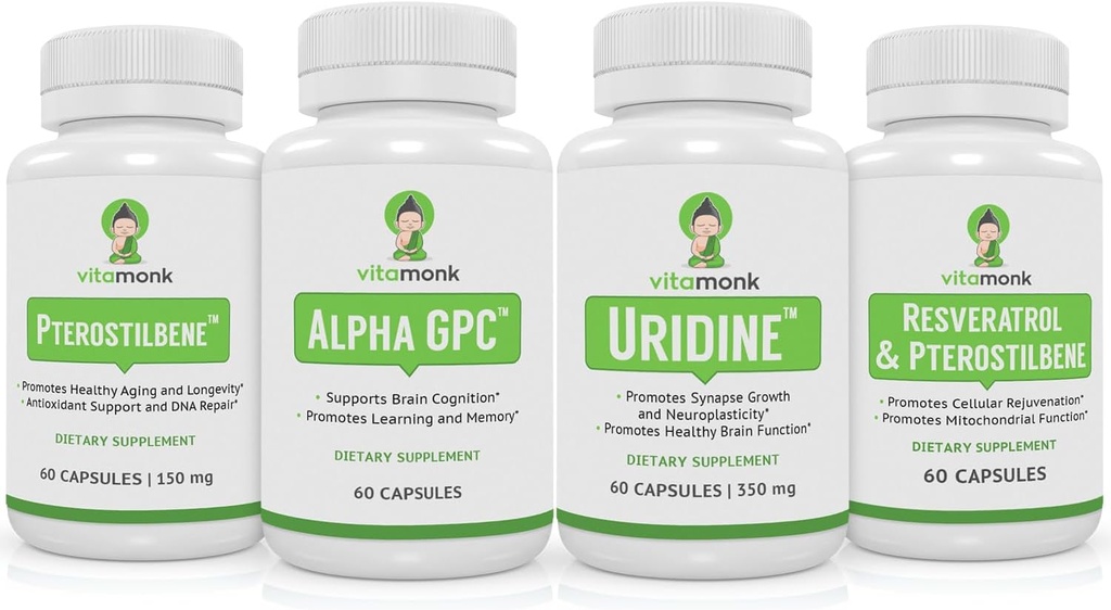 VitaMonk Resveratrol, Pterostilbene, 알파 GPC 및 Uridine 번들 - Longevity와 뇌 부스트 스택