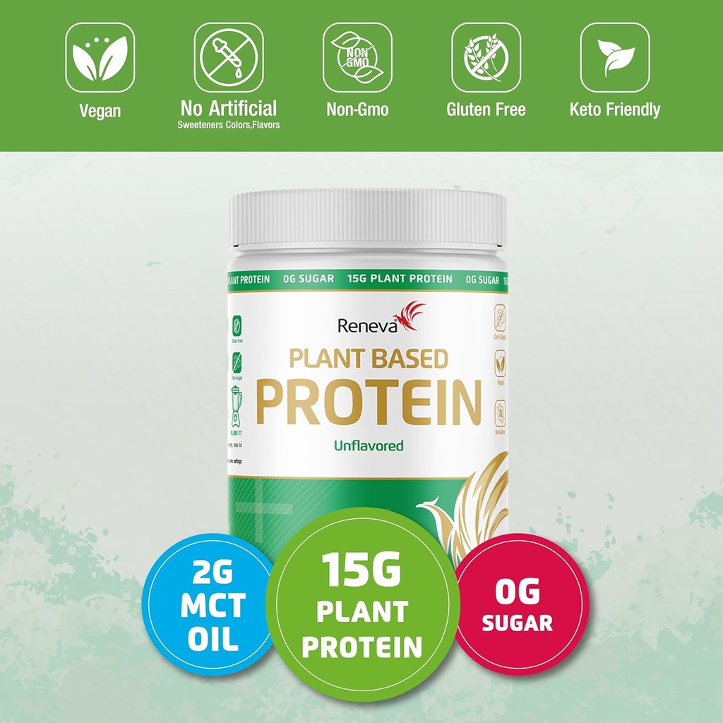 RENEVA Vegan Protein Powder | 15g 플랜트 기반 Protein from Pea and Rice | Gluten Free, Dairy Free, Lactose Free, Soy Free, Zero Sugar (생미롭게 스튜어드) | 12.7 Ounce Resealable Canister