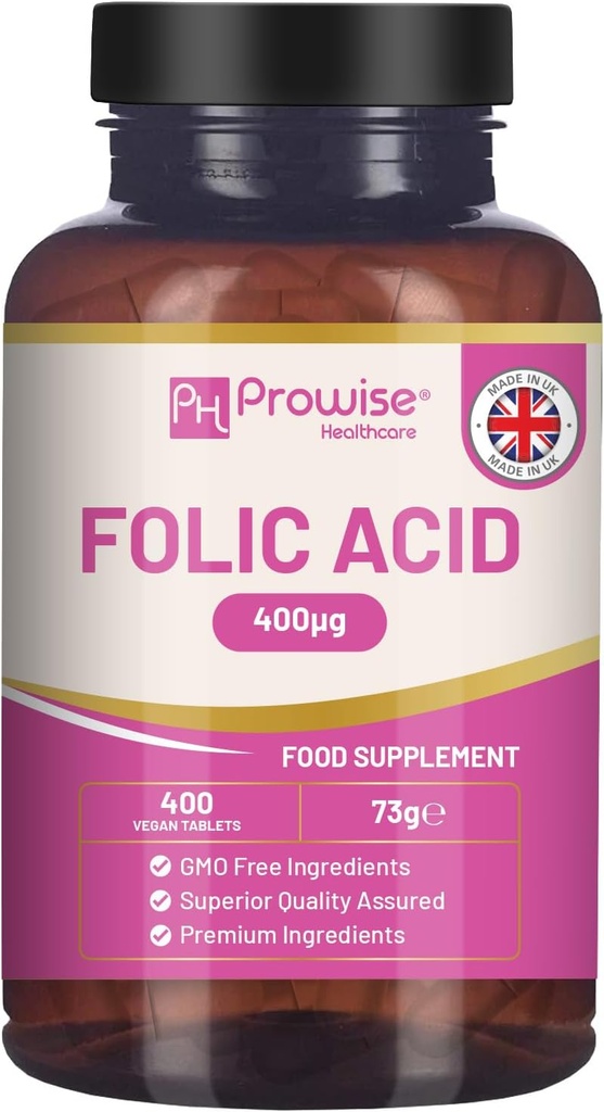 Folic Acid Tablets 400 mcg - 400 Vegan 비타민 B9 태블릿 | 13 개월 공급 | 비타민 B9 임신 관리 | 임신 중 면역 체계의 정상적인 기능 | 영국제 – Prowise
