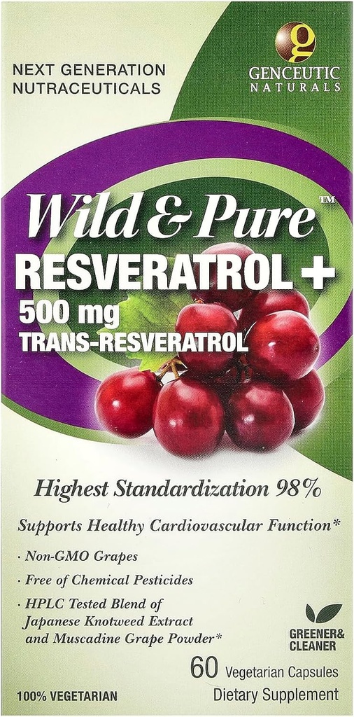 Genceutic Naturals Wild & Pure Resveratrol 채식 캡슐, 60-Count | 심장 건강 증진 | 노화 방지 | 종합 웰빙