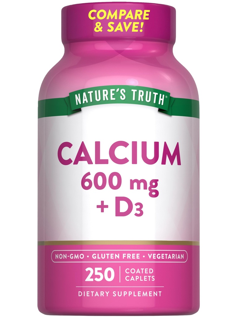 비타민 D3를 가진 자연의 진실 칼슘 600mg | 250의 모자 | 칼슘 탄산염 | 채식주의자, 비 GMO & 글루텐 자유로운 보충교재