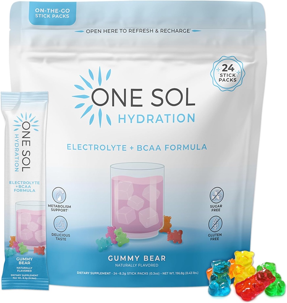 1개의 Sol BCAA & Hydration & 에너지, 모든 자연 공식, 100% Vegan, 비 GMO, 글루텐 자유로운 & Soy 자유로운을 위한 전해질 분말은, 근육 성장 & 회복, 거미 곰 풍미를 승진시킵니다
