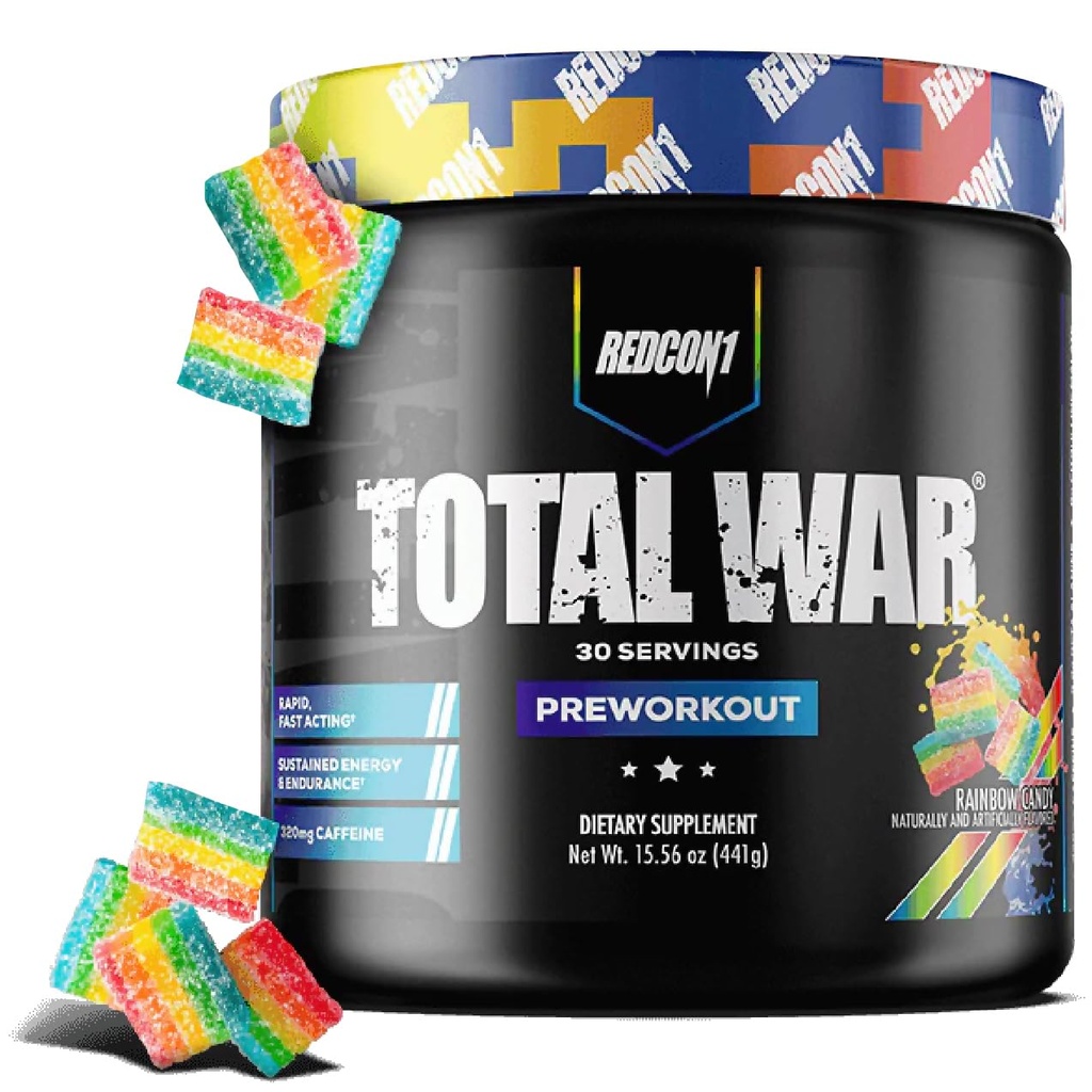 REDCON1 Total War Pre Workout, Rainbow Candy, L Citrulline, Malic Acid, 여성 및 남성을위한 Green Tea Leaf Extract - 3.2g Alanine - 배출 감소, 30 서빙