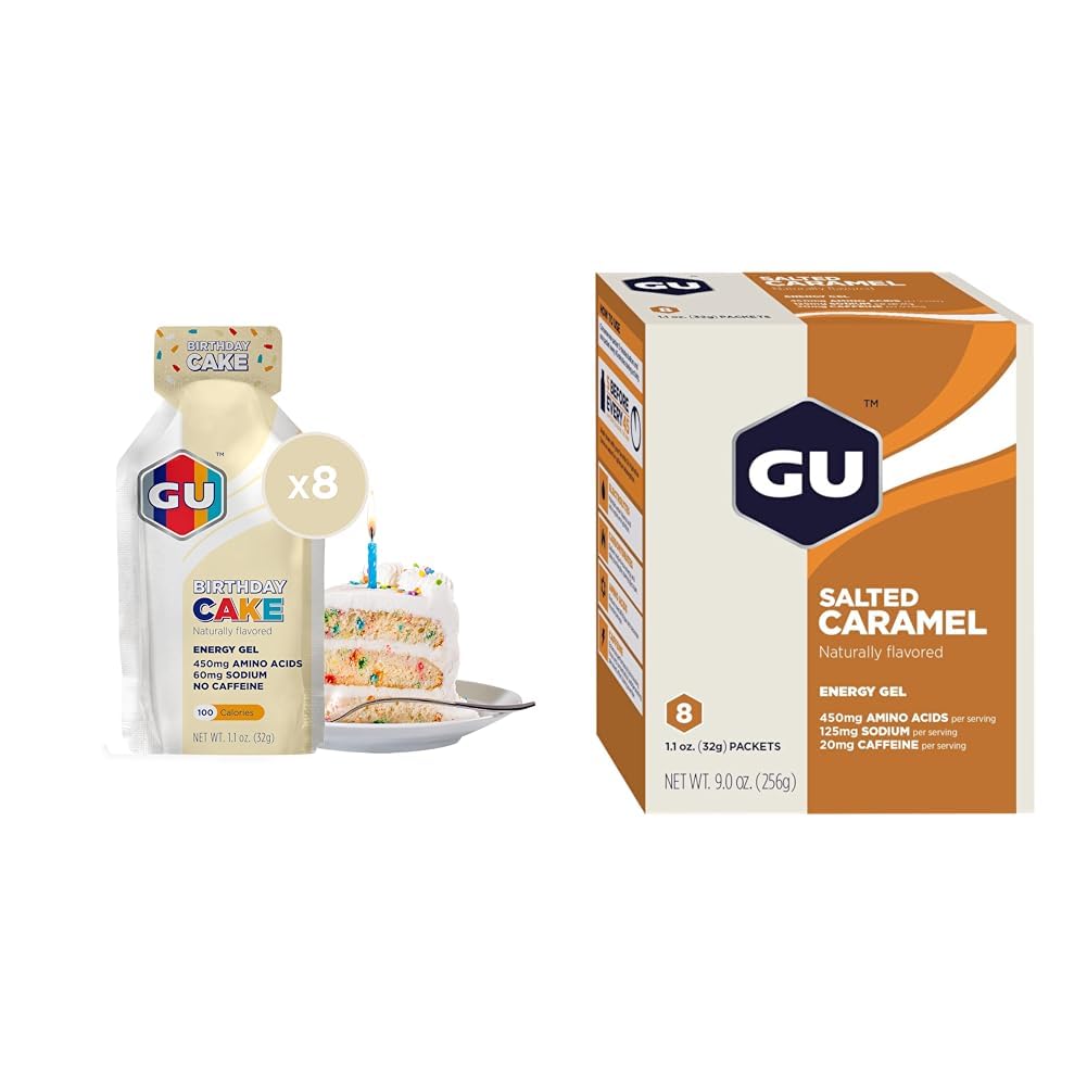 GU Energy Original Sports Nutrition Energy Gel, 8-Count 생일 케이크 및 8-Count 소금 카라멜 맛