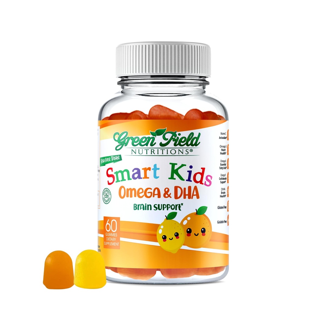 Greenfield Nutrition Smart Kids Halal Omega 3 Gummies with DHA - 60 Halal Vitamins for Kids, 지원 뇌 및 면역 건강 - Vegan, Non-GMO, 글루텐, 젤라틴 - 무료 및 땅콩 - 무료 할랄 거미 비타민
