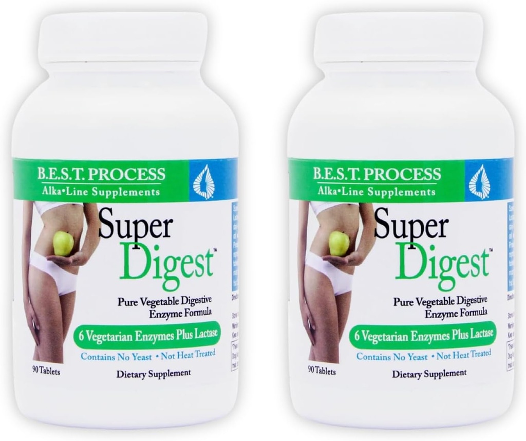 SuperDigest (2 Pack) Best Process Alkaline — Multi-Enzyme Digestive Support — Alfalfa, Papain & Bromelain과 소화 효소 (채식 친화적 인)
