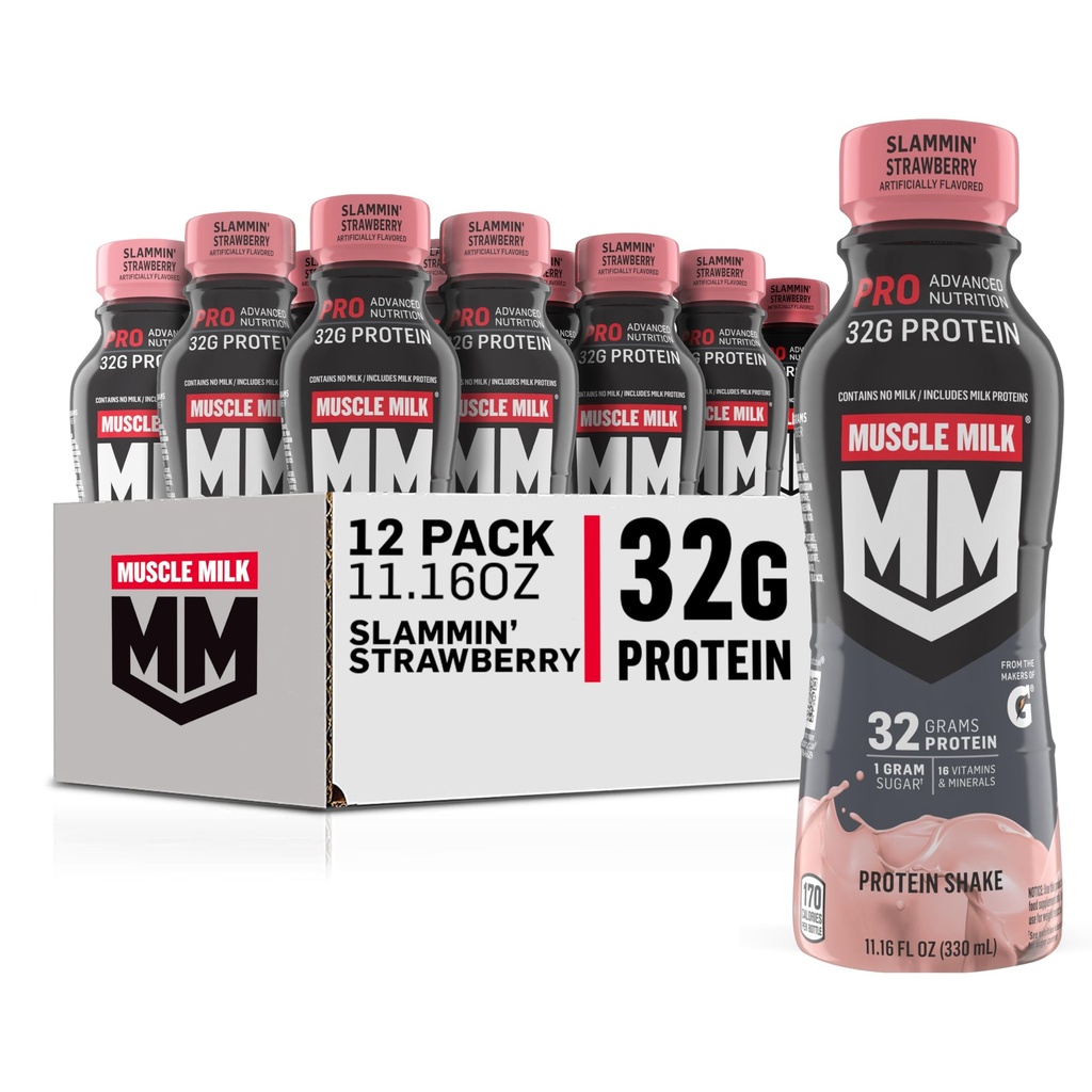 근육 우유 직업적인 진보된 영양 단백질 Shake, Slammin' 딸기, 11.16 Fl Oz (12의 포장), 32g 단백질, 1g 설탕, 16 비타민 & 무기물, 5g 섬유