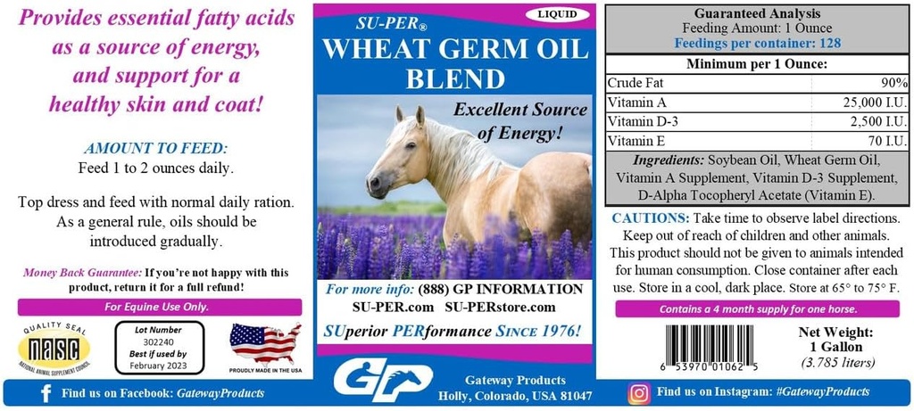 SU-PER Wheat Germ Oil Blend for Horses - 에너지, 내구시간, 체력, 건강한 피부 및 코트 지원 - 필수 지방산, 비타민 및 미네랄 - 1 갤런 + 펌프, 4 개월 공급