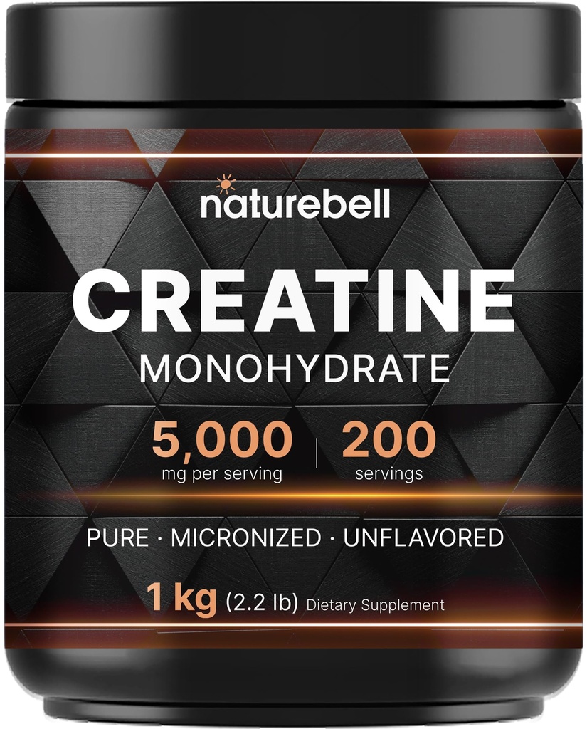NatureBell Creatine Monohydrate 분말 1,000g, 봉사 당 5,000mg, 200의 서빙 (2.2 lb) | Micronized, Pure & Unflavored | 사전 운동 근육 지원 * | 케토, 채식자없는