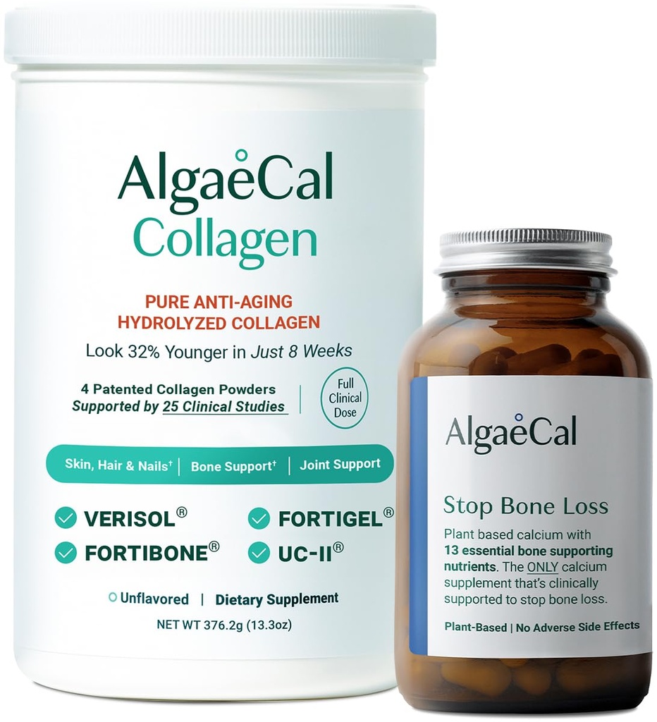 ALGAECAL 칼슘 & 교원질 뭉치 – 임상 지원 Verisol, Fortibone & Fortigel, Bone Health & Anti-Aging를 위한 13 Bone 지원 무기물과 비타민 D3 플러스 13 Bone를 가진 Hydrolyzed 교원질 완전한