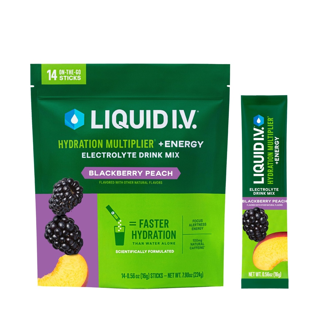 Liquid I.V.® Hydration Multiplier+Energy | 블랙베리 복숭아 | 일렉트로트로이트 드링크 믹스 | 3 팩 (42 인분)
