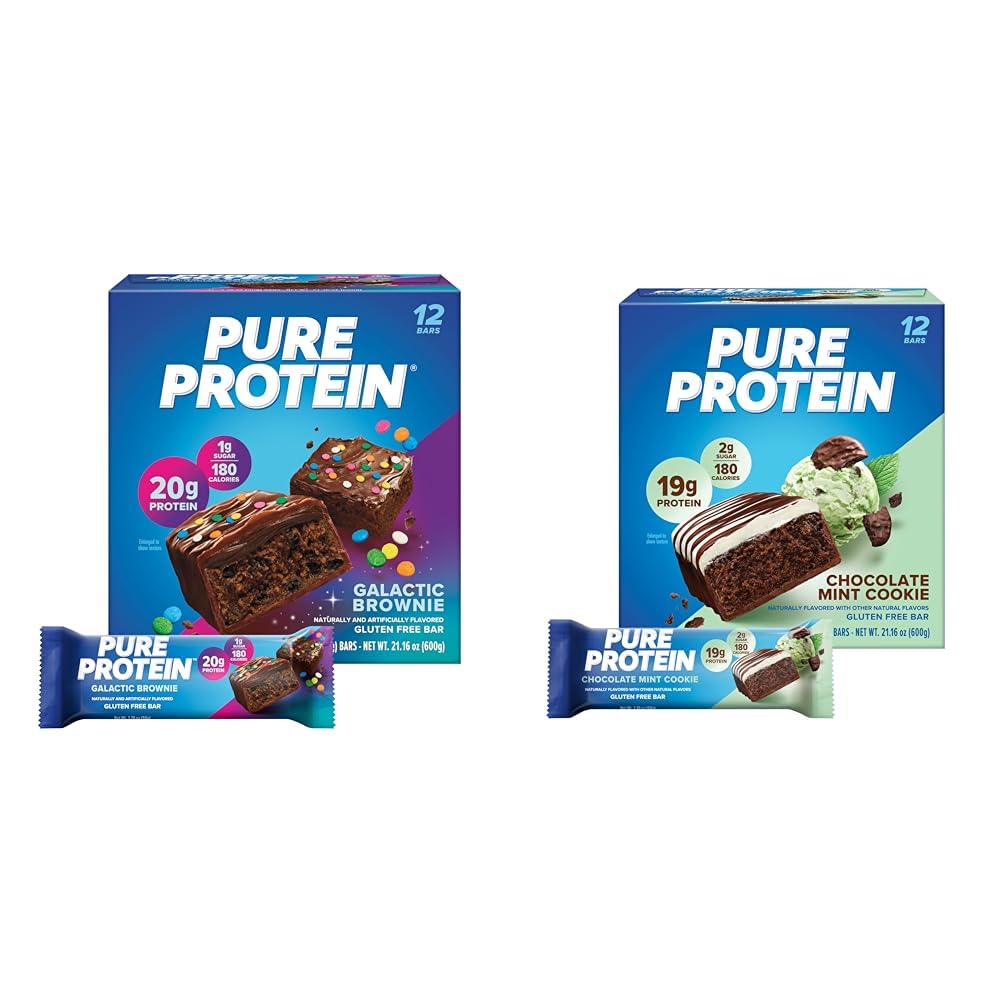 Pure Protein 12 Count Galactic Brownie & Chocolate Mint Cookies Protein Bar 번들 | 20g & 19g 고단백 | 글루텐 프리 | 사전 및 포스트 운동 | 저당류