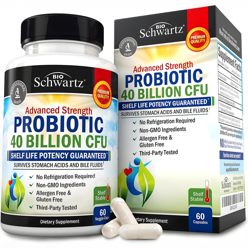 BioSchwartz 매일 Probiotic Nutritional 보충교재 - Gut 건강을 위한 40억 CFU - 남자와 여자를 위한 Probiotics - Astragalus & Lactobacillus를 가진 소화성 건강 - 선반 안정 - 60 조사