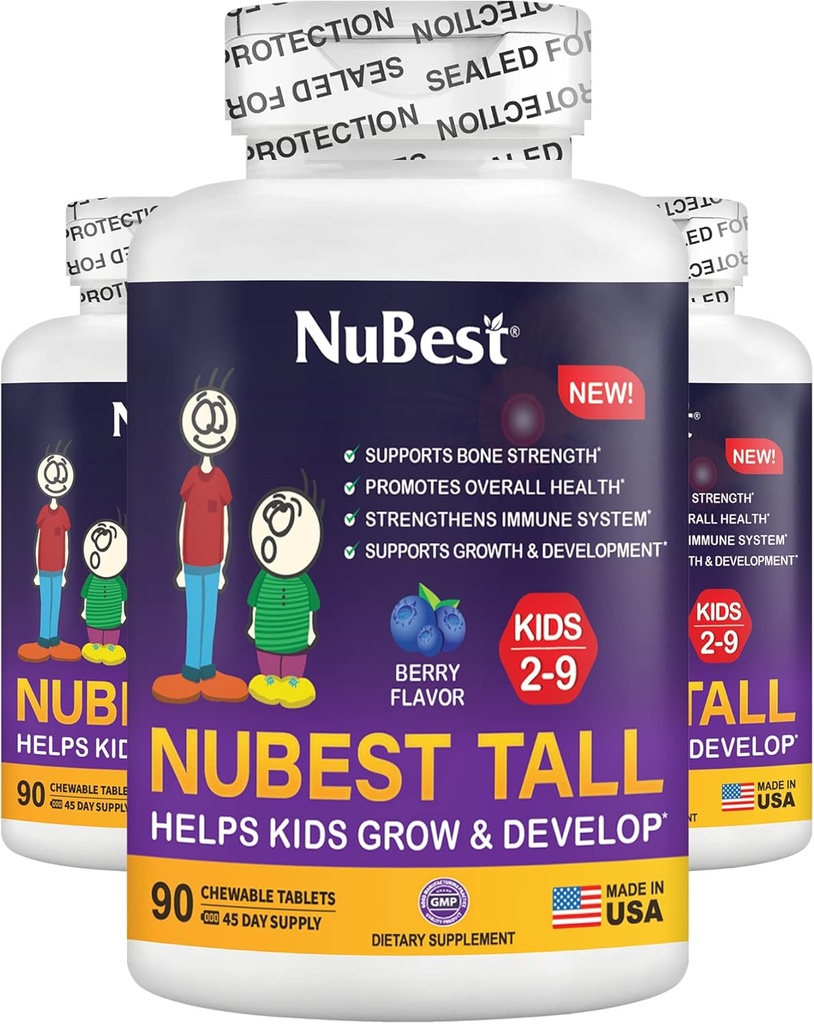 NuBest Tall Kids - 유아 비타민과 어린이 비타민은 나이 2에서 9 - 지원 뼈 힘, 전반적인 건강 및 면역 - 동물 모양 - 270 Chewable Berry 정제 | 팩 3