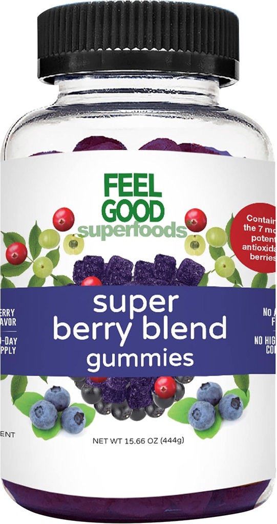 FeelGood Superfoods Super Berry Multivitamin 보조 식품, Acai, Amla, Lingonberry, Maqui, Bilberry 및 Aronia Berry Gummies, Berry 풍미, 비 GMO, 60 조사