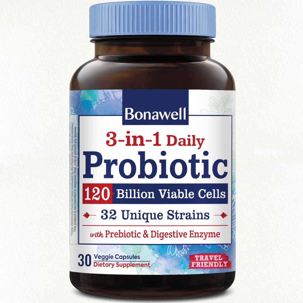 Bonawell Probiotics 120 억 CFU 32 Prebiotics, Gut 건강을 위한 소화 효소, 3-에서 1 매일 Probiotic, 선반 안정, Delayed-Release, 30 Veggie 모자