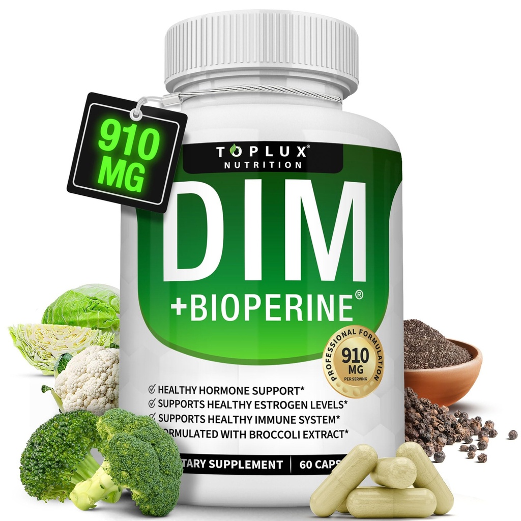 Dim 보충교재 910 mg 플러스 BioPerine Complex - Diindolylmethane 지원 호르몬 균형과 에스트로겐 대사에, Menopause 여드름 PCOS 더 나은 피부 보디 빌딩을 가진 도움, 남자 여자를 위한, 60의 캡슐