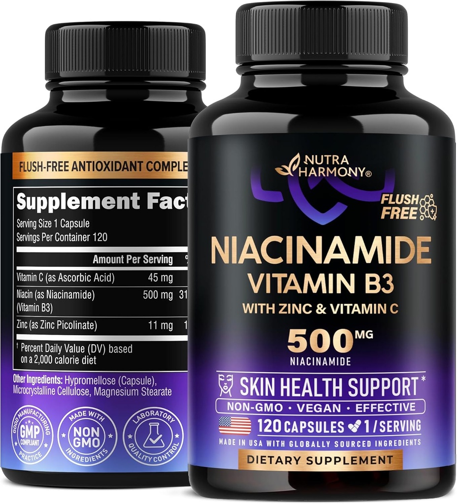Niacinamide 500 mg - 비타민 B3 홍조 자유로운 모양 Niacinamide 보충교재 - 건강한 명확한 피부 & 산화 방지제 지원 - 아연과 비타민 C - 실험실에 의하여 시험되는, Vegan & NON-GMO - 미국에서 만드는 - 120의 캡슐