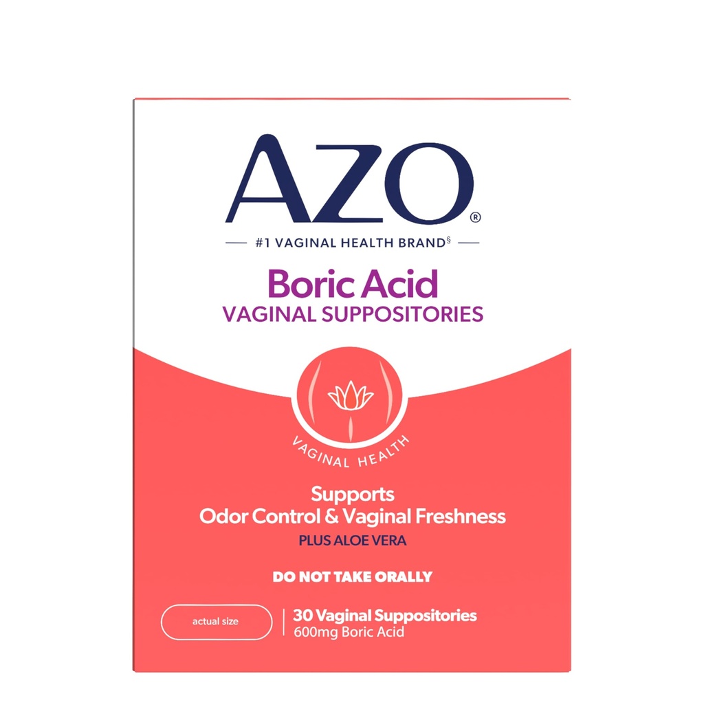 AZO® Boric Acid Vaginal Suppositories는 임상적으로 Studied Boric Acid, Non-GMO, 30 Count와 Odor Control 및 Intimate Health를 지원합니다.
