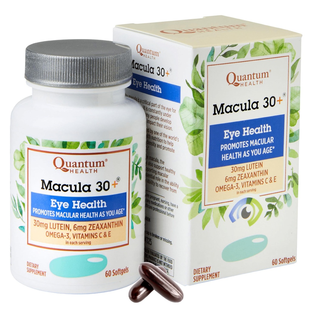 Quantum Health Macula 30 + Eye Care Supplement는 Lutein Zeaxanthin Omega-3 Vitamins C & E Daily Nutrition for Women & Men - 60 Softgels와 같은 Macular & Retinal 건강을 홍보합니다.