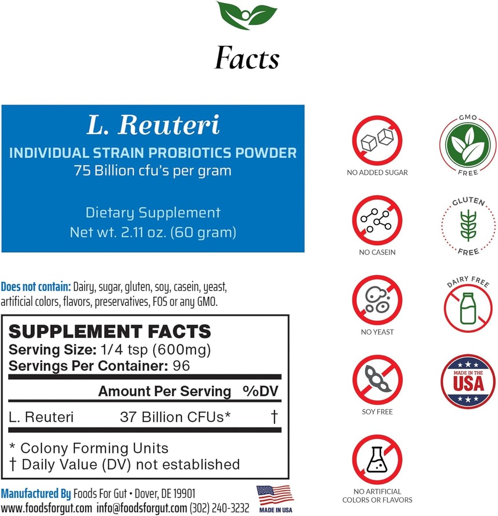 Lactobacillus Reuteri Probiotic Powder 75 Billion cfu's | 미국에서 제작 된 | 첨가물 없음 | 제조업체에서 직접 | 제 3 자 저장 | 소화 및 면역 지원 | L. Reuteri | 60 그램 (2.11 OZ)