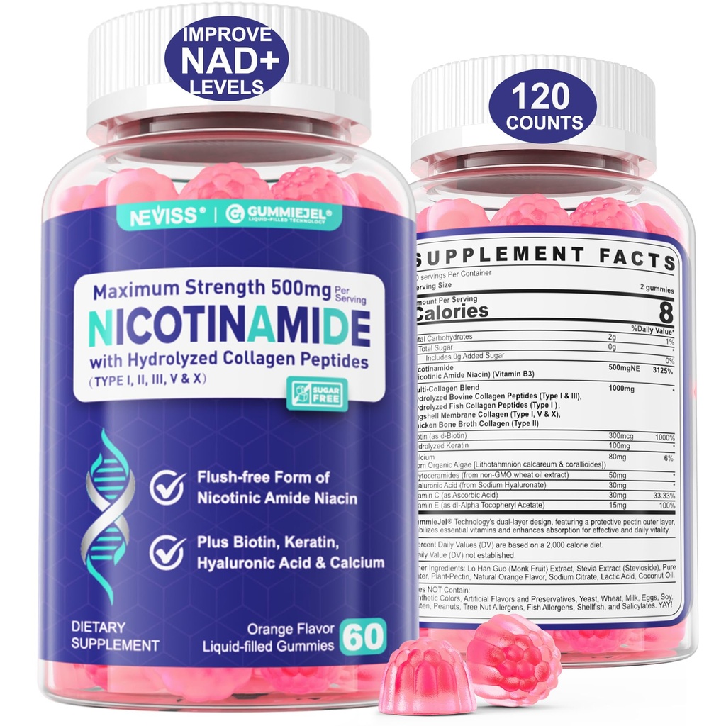 2 팩 - 니코틴 아미드 500mg Gummies, NAD + 여성을위한 보충 & 남자 w / 교원질 펩티드, (Flush 무료 Niacin) 비타민 B3 Niacinamide 노화 방지, NAD + 레벨, 경도, 초점 & 두뇌, 설탕 무료