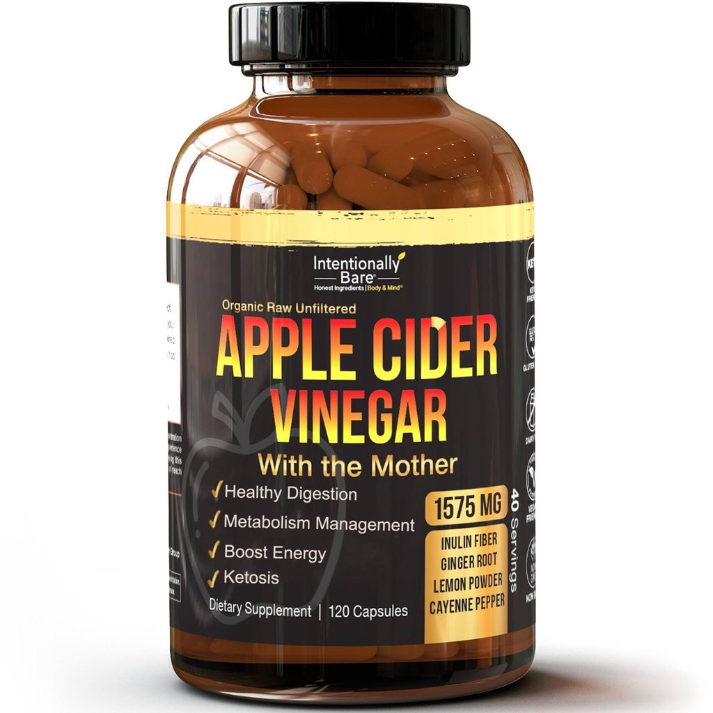 Intentionally Bare Apple Cider Vinegar with Mother Capsules - Ginger, Lemon, Cayenne 및 Inulin이있는 ACV 캡슐 - Keto 친절하고 글루텐은 에너지, 면역력 및 과트 건강에 무료 - 120 캡슐