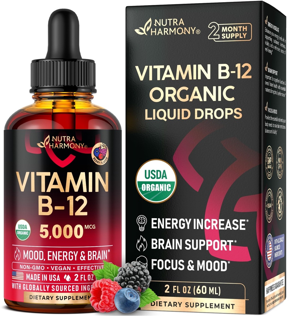 USDA 유기 비타민 B12 잠수함 - 여성을 위한 5000 mcg 액체 채식주의자 Methylcobalamin & 남자 - 에너지 부스트, 초점 & 계류, 뇌 건강 지원 - 최대 흡수 - 2 달 공급, 2개 fl oz