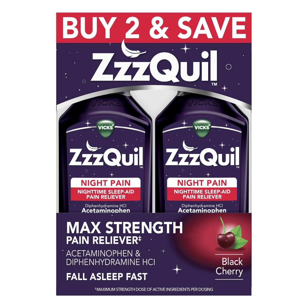 ZzzQuil 액체 최대 힘 고통 Reliever, 야간 수면 보조 액체, Acetaminophen 1000mg, Diphenhydramine 50mg HCI, 비하 비트 형성, 블랙 체리 맛, 2 팩, 24 FL OZ